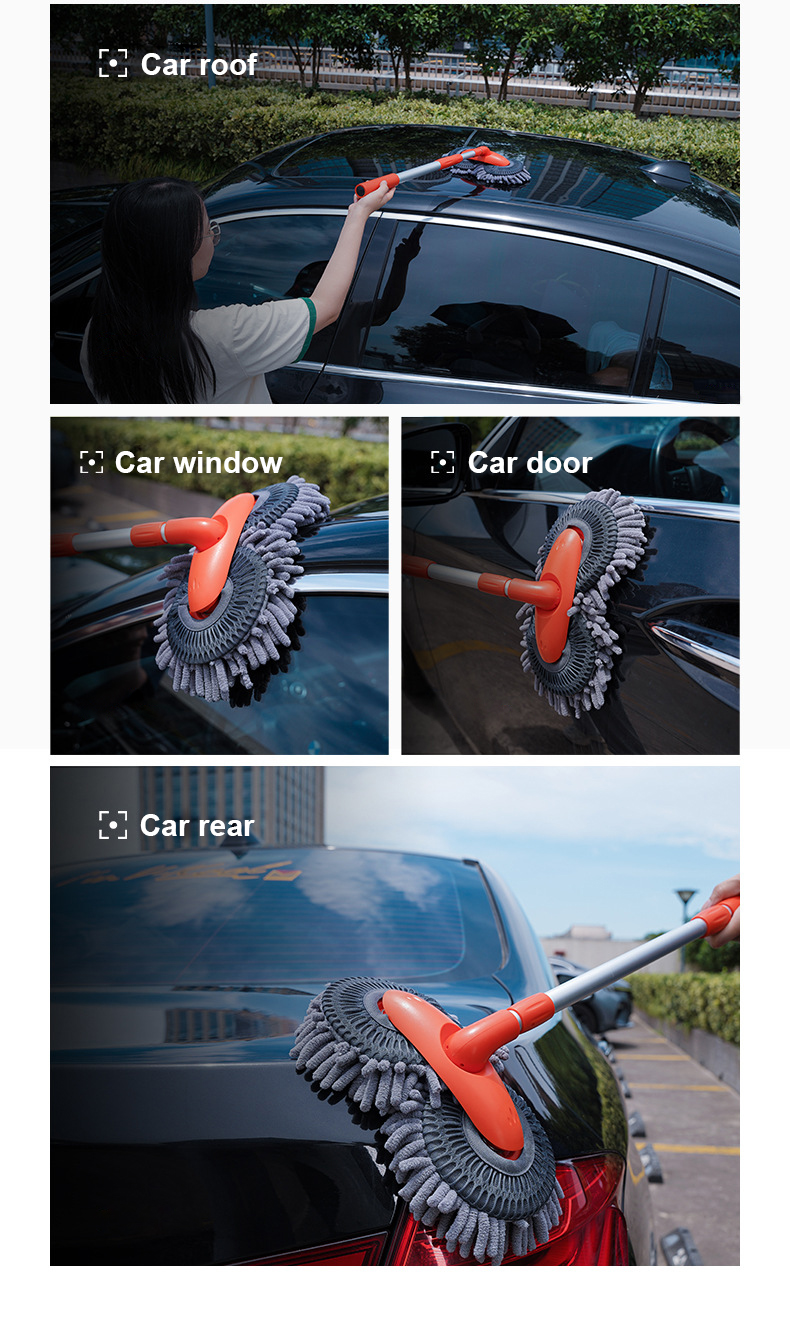 Double Brush Head Car Cleaning Brush Rotating Car Wash Mop Three-Section Telescopic Mop Roof Window Cleaning Auto Accessories