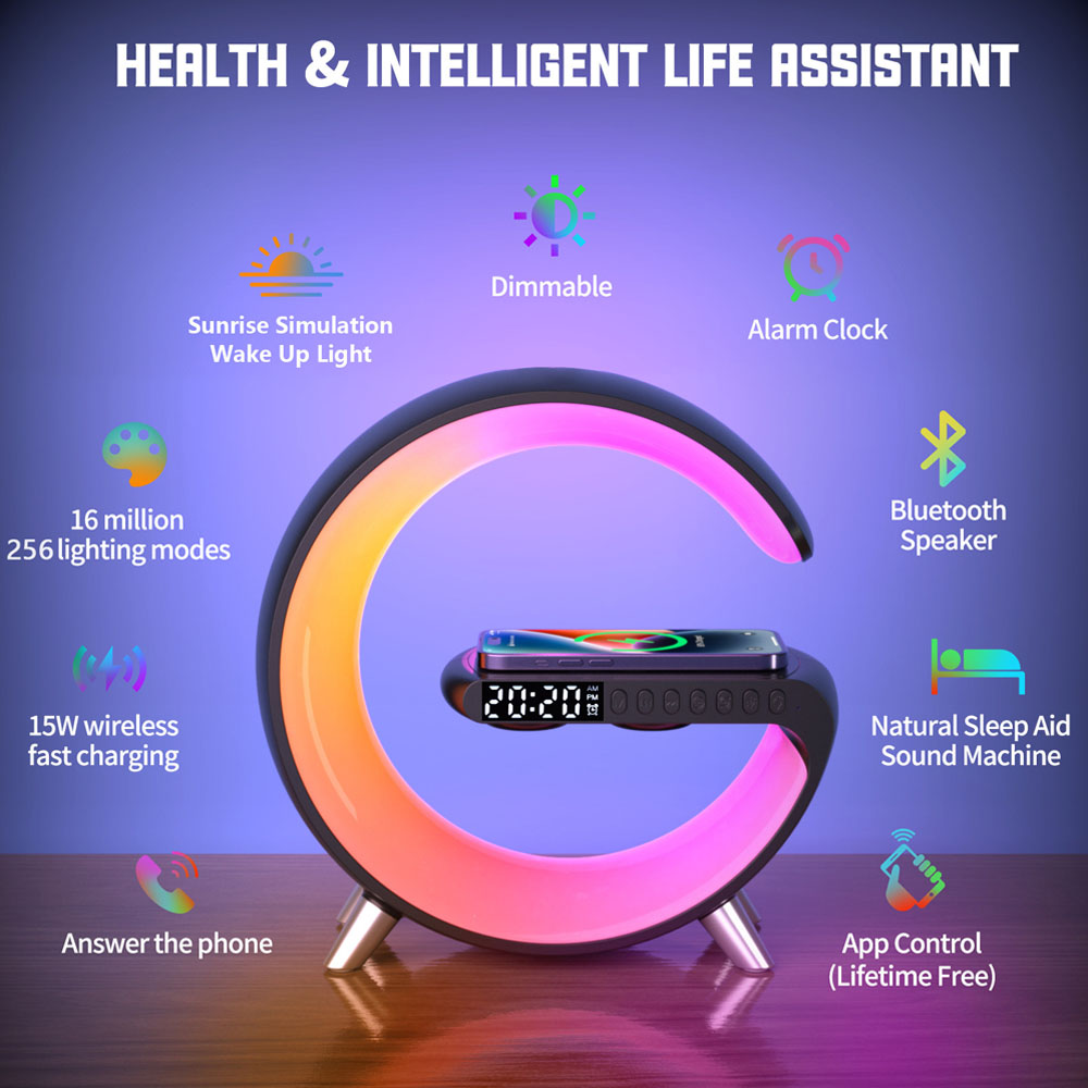 LED Night Light RGB Atmosphere Desk Lamp Multifunctional Wireless Charger Alarm Clock Speaker APP Control for iPhone Samsung